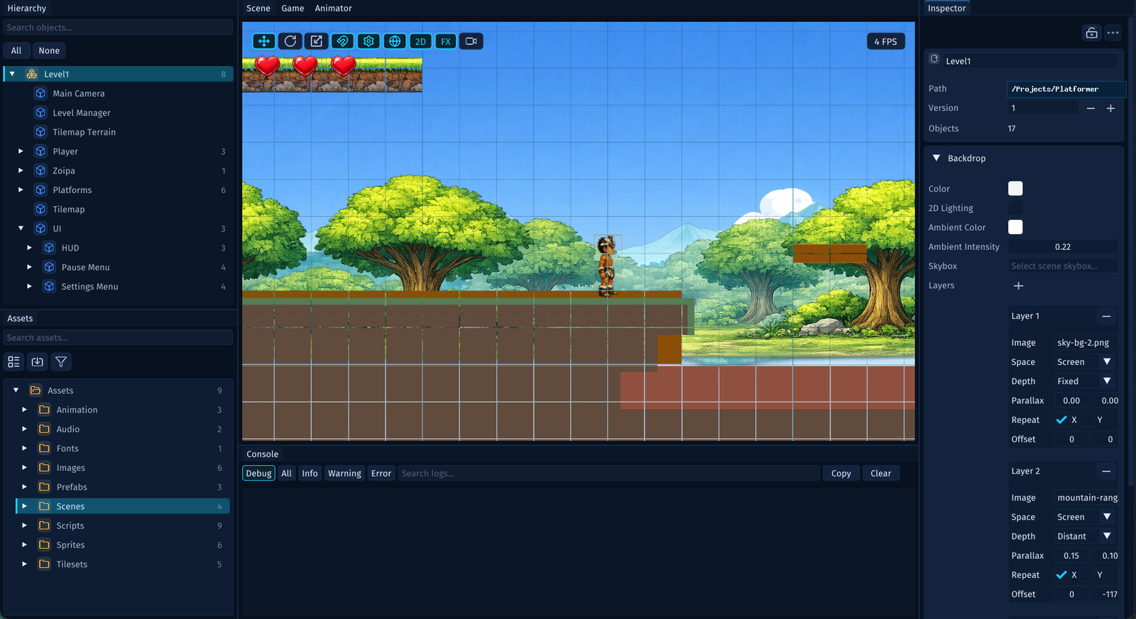 A platformer scene using layered backdrop images and parallax settings.