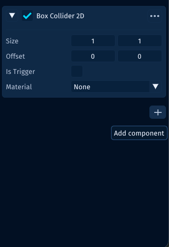 The Inspector showing the add component button below an existing Box Collider 2D component.