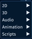 The component menu showing categories for 2D, 3D, Audio, Animation, and Scripts.