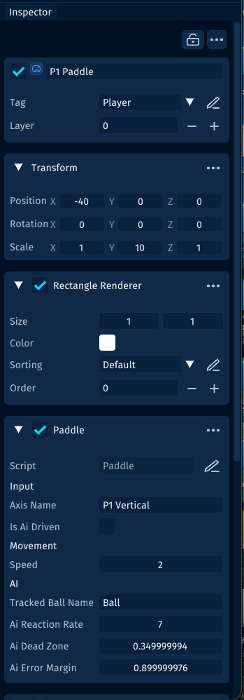 The Inspector showing a P1 Paddle GameObject with Transform, Rectangle Renderer, and Paddle Behaviour components stacked underneath the GameObject header.