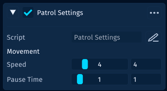 A Patrol Settings Behaviour in the Inspector with Movement fields for Speed and Pause Time rendered as sliders.