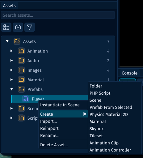 The Assets panel showing a prefab asset selected, with Instantiate in Scene and Prefab From Selected available in the context menu.