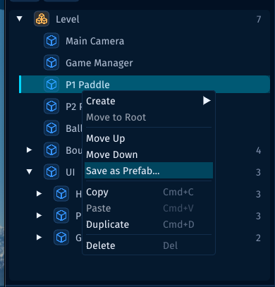 The scene Hierarchy context menu with Save as Prefab highlighted for the selected P1 Paddle GameObject.