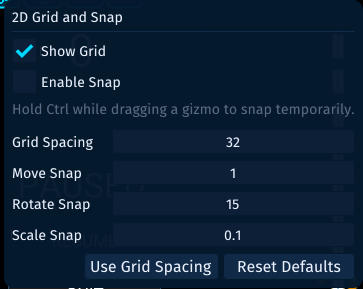 The 2D Grid and Snap popover showing grid visibility, snap toggle, grid spacing, move snap, rotate snap, and scale snap settings.