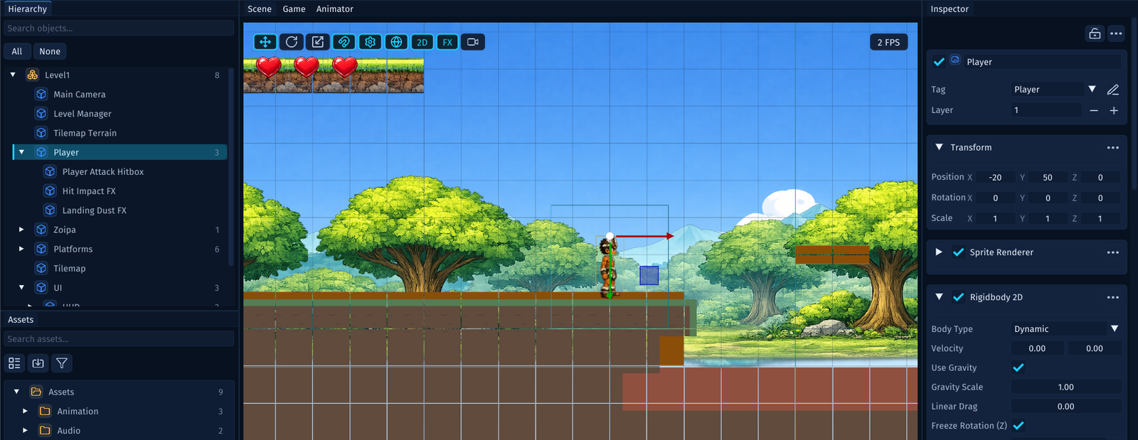 The Player GameObject selected in the Hierarchy with child helper objects nested underneath it.