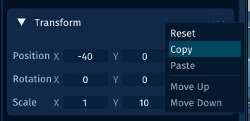 The Transform component menu in the Inspector with Reset and Copy available.