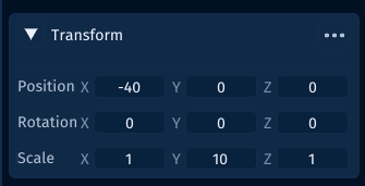 The Transform component in the Inspector showing Position, Rotation, and Scale fields for X, Y, and Z.