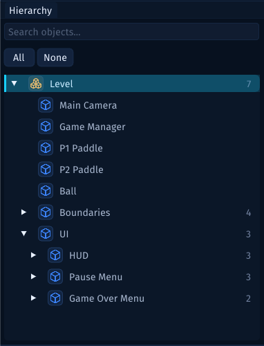 The Hierarchy showing the Level Scene and its child objects.