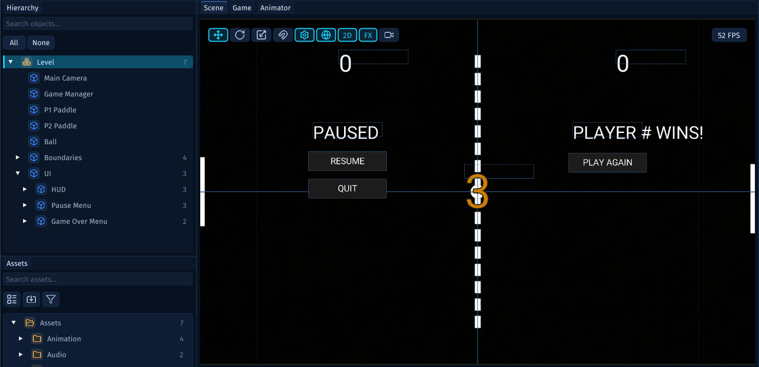 A Pong level open as a Scene in the Lenga editor, with the Hierarchy and Scene view visible.