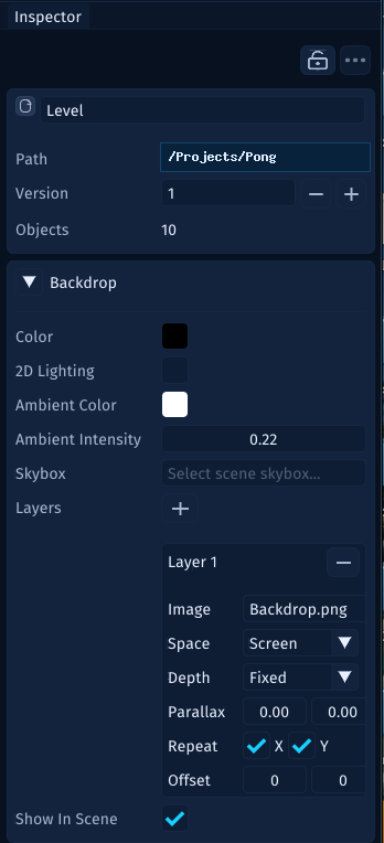 The Inspector showing scene-level settings such as object count and backdrop layers.